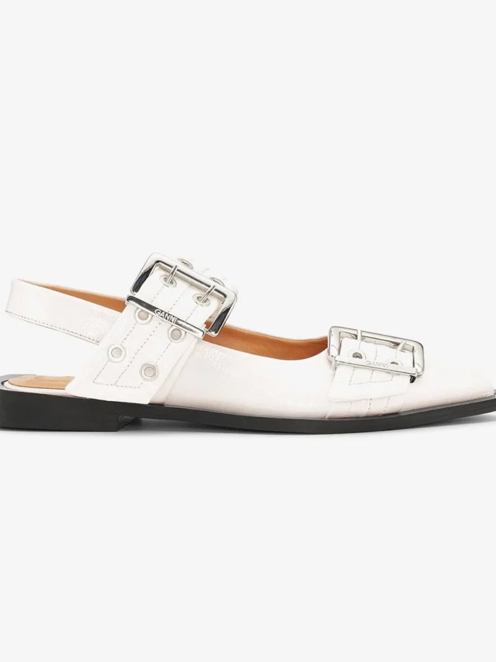 GANNI White Buckled Slingback Leather Flats
